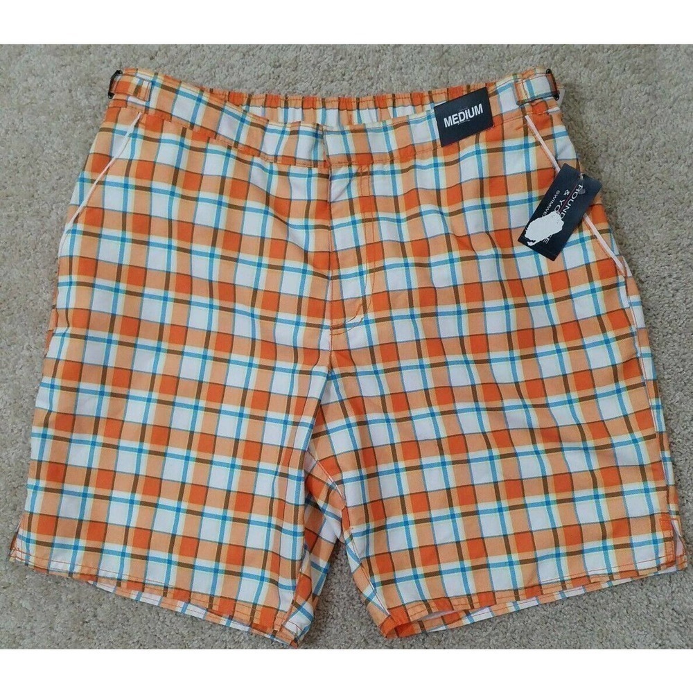 ROUNDTREE & YORKE~Men's Size M~Orange/Blue Plated Swim Shorts Trunks NWT $49.50